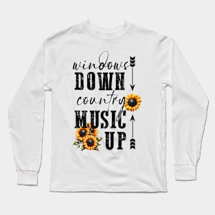 Windows down country music up Retro Country Music Heartbeat Western Cowboy Cowgirl Gift Long Sleeve T-Shirt